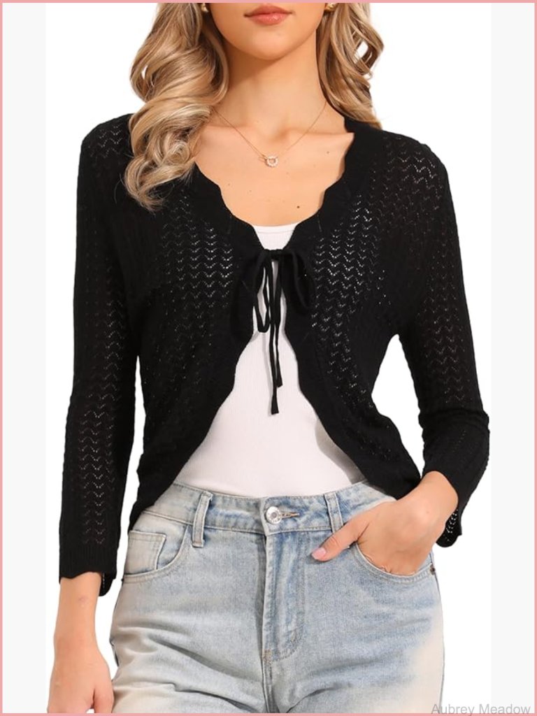 Tie Front Crochet Cardigan Bolero Shrug 3/4 Sleeve Knit Cropped Tops
